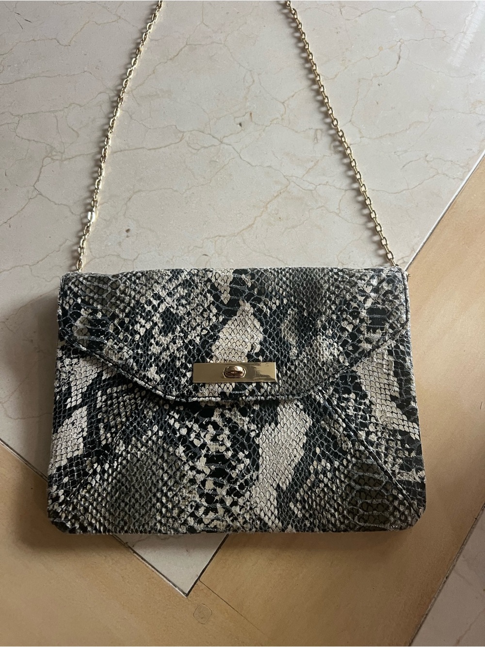Banana Republic Snake-Print Clutch in Black and Gray with Gold Removable Chain